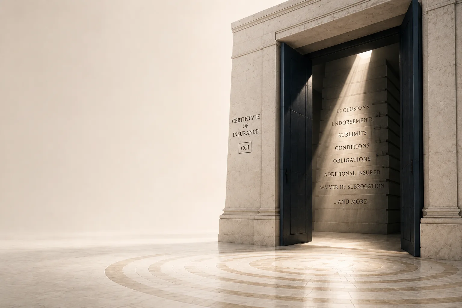 A marble gate carved 'Certificate of Insurance' stands open, revealing a wall of policy-stack terms a COI never shows — exclusions, endorsements, sublimits, conditions, obligations, additional insured, waiver of subrogation — lit by a single shaft of light.