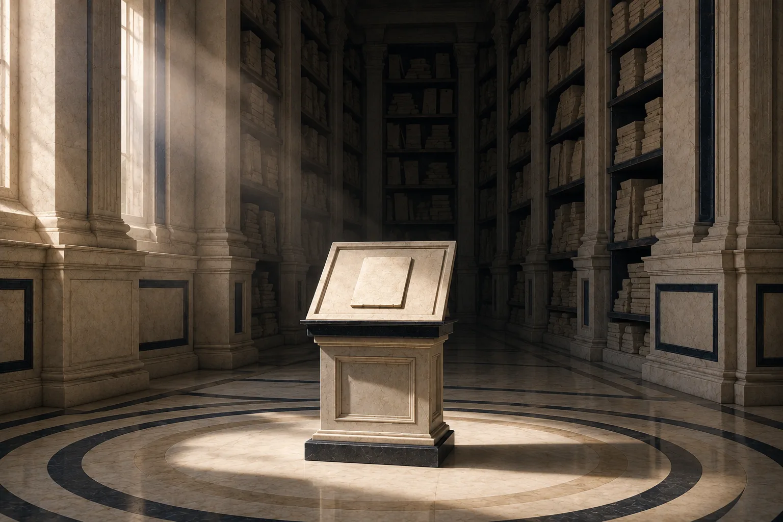 A single certificate of insurance displayed on a stone podium, spotlit in a vast dim archive where the full policy stacks it summarizes sit shelved in shadow.
