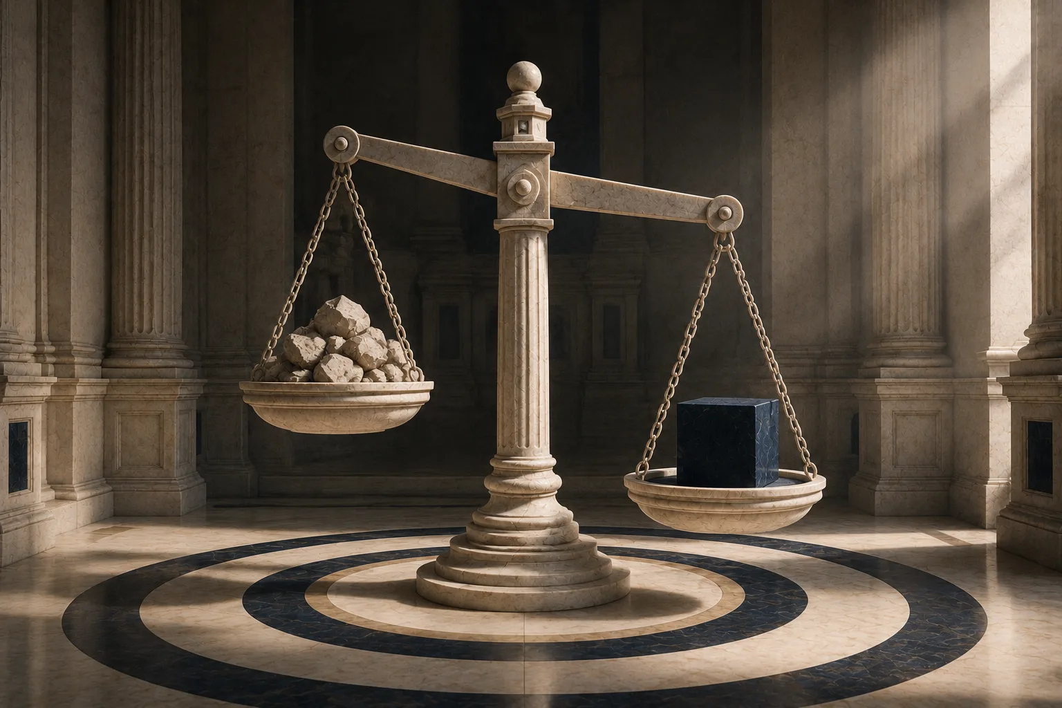 A carved stone balance scale weighing a complete policy stack on one side against a single engraved index tablet on the other.