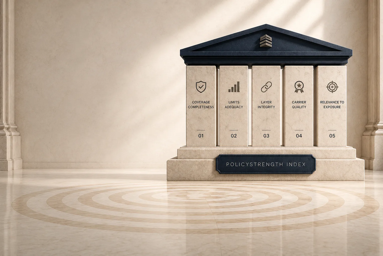 A stone temple of five columns carved Coverage Completeness, Limits Adequacy, Layer Integrity, Carrier Quality, and Relevance to Exposure, numbered 01 through 05 under a navy pediment, standing on a base plaque engraved PolicyStrength Index.
