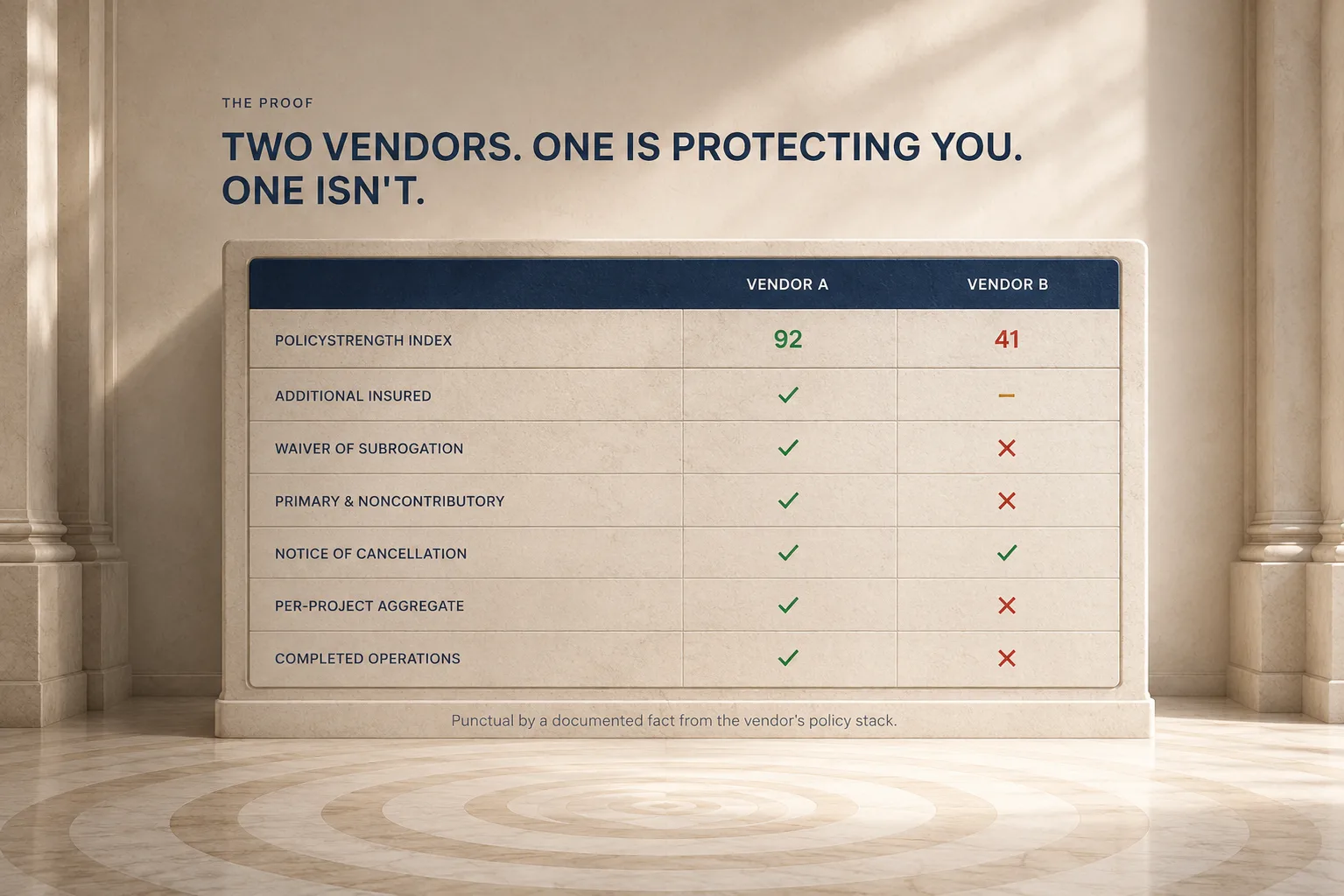 Comparison table carved on a stone monument: Vendor A scores PolicyStrength Index 92 with additional insured, waiver of subrogation, primary and noncontributory, notice of cancellation, per-project aggregate, and completed operations all verified. Vendor B scores 41 — additional insured contract-only; waiver of subrogation, primary and noncontributory, per-project aggregate, and completed operations absent; only notice of cancellation verified.